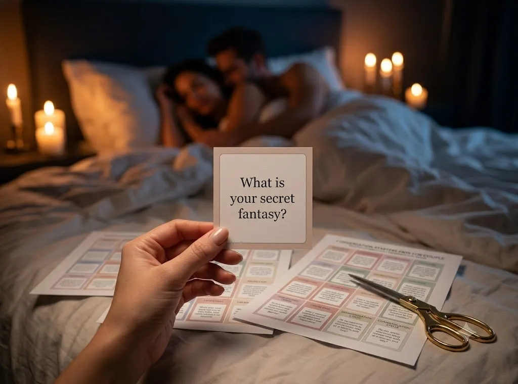 A couple close together by candlelight, one holding an After-Dark card that reads ‘What is your secret fantasy?’