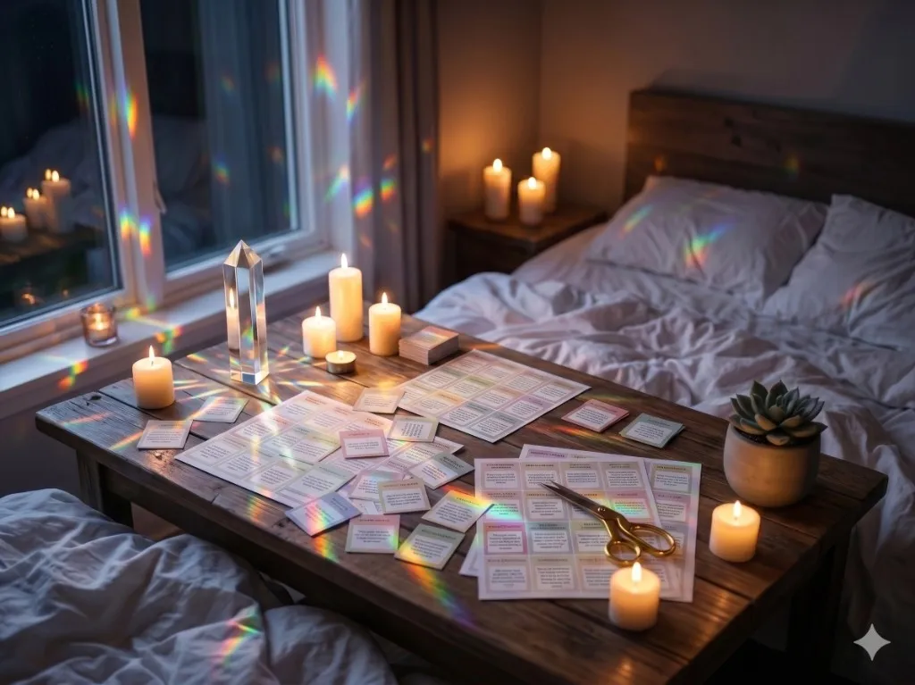 The Connection Deck conversation cards laid out by candlelight — printed and ready to use