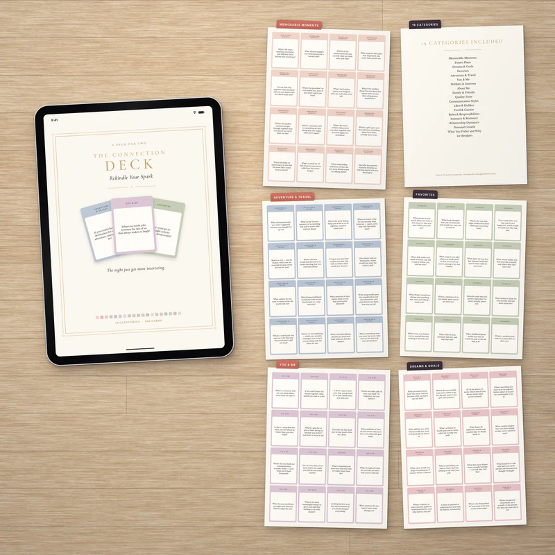 The Connection Deck on a tablet with printable card sheets and the 19 categories