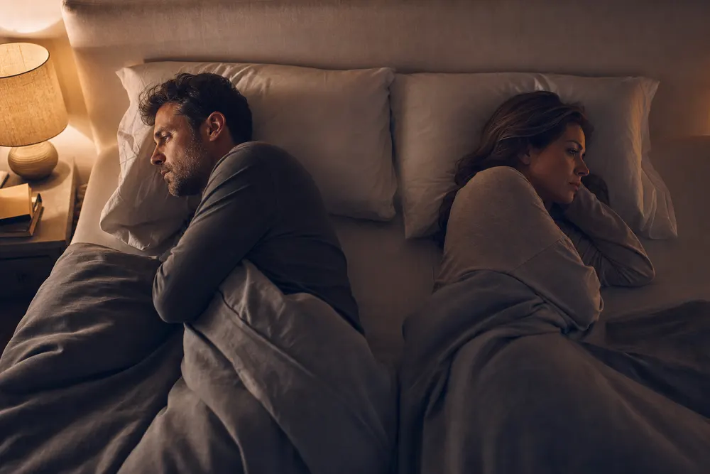 A couple lying in bed at night, turned away from each other with a gap between them, awake and emotionally distant