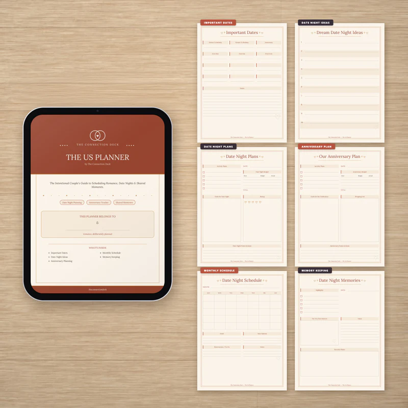 The Us Planner on a tablet with important dates, date night ideas, date night plans, anniversary plan, monthly schedule and memories pages