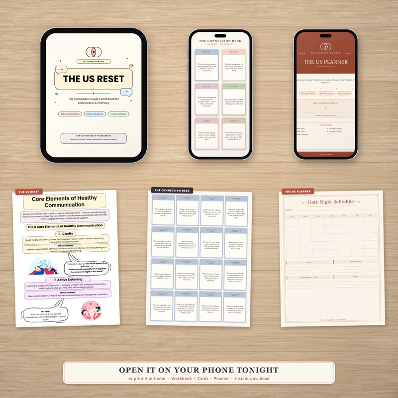 The Us Reset System open on a tablet and phones, with printed pages