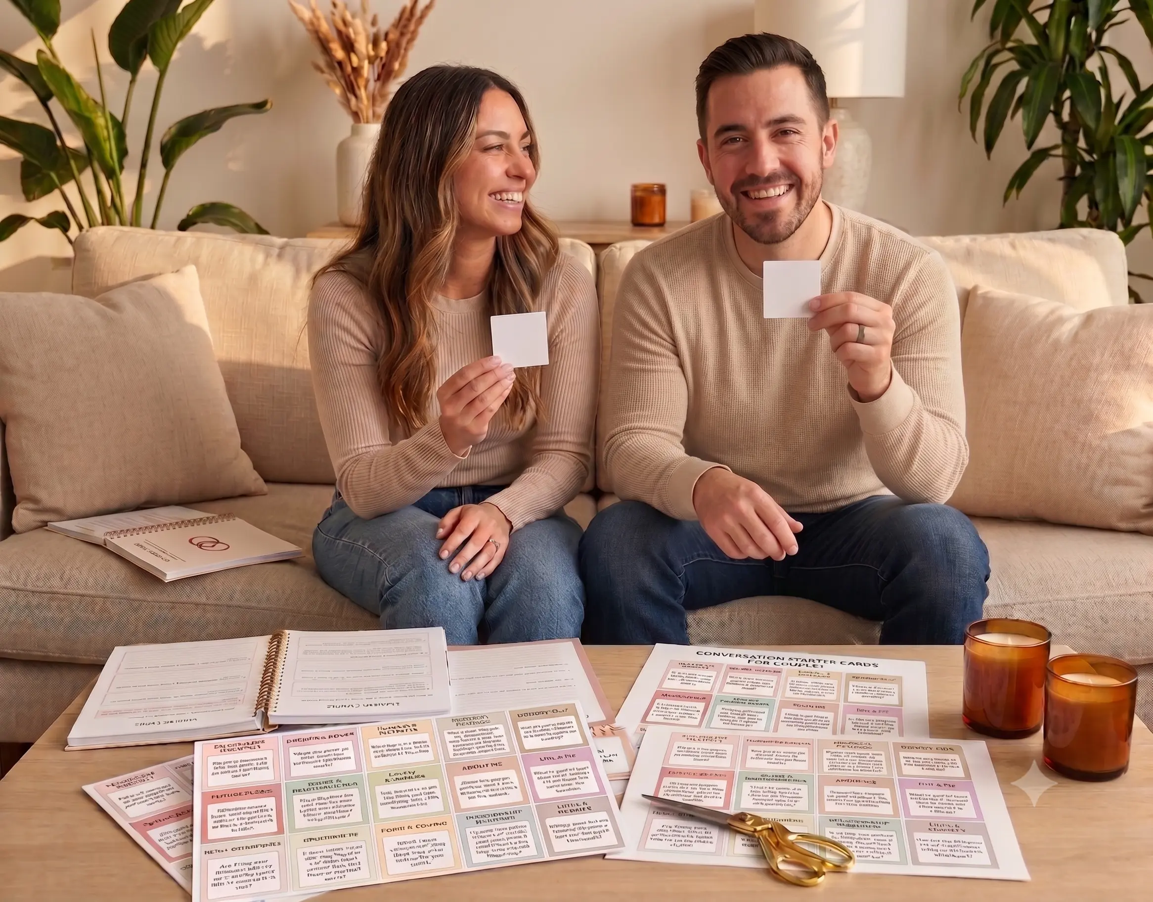 The same couple now laughing hard together on the sofa, holding conversation cards